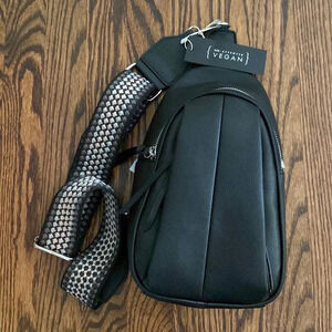 Le Miel Black Vegan Leather Shoulder Bag Mutliple Pockets Weaved Texture Belt